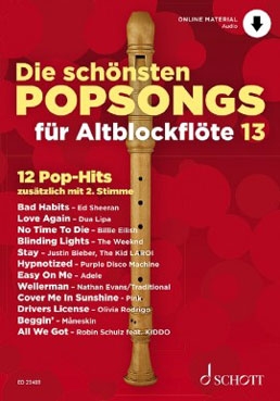 The most beautiful popsongs for recorder 13- 2 treble recordersr + audio online